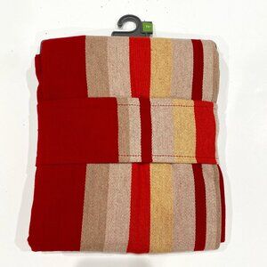 Threshold, NWOT, 70" round tablecloth in maroon, beige, and gold stripes.